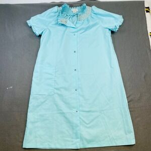 VTG Dan-Ellen Aqua Blue Cottagecore House Dress Embroidered‎ Smock Granny Chic M